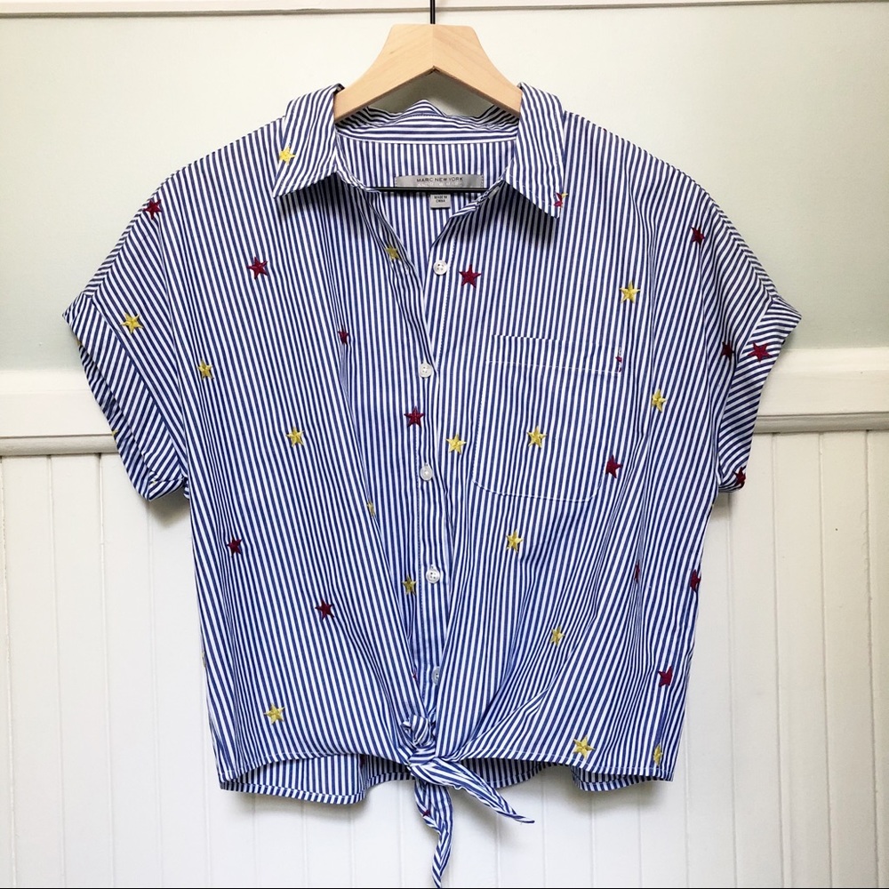 Andrew Marc New York Blue Tie Front Top